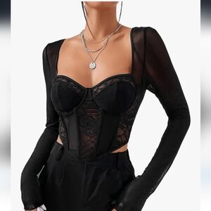 Chic Black Lace Long Sleeve Bodysuit